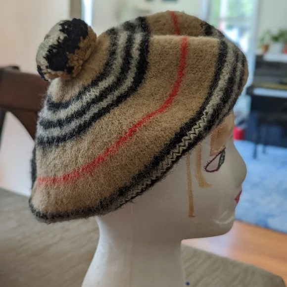Burberry Tan and Black Striped Beret - Picture 1 of 8
